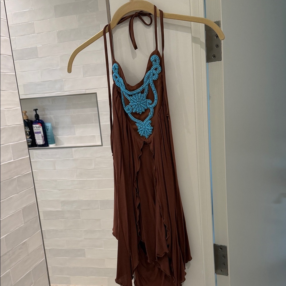Brown Top with Turquoise Beaded Design
